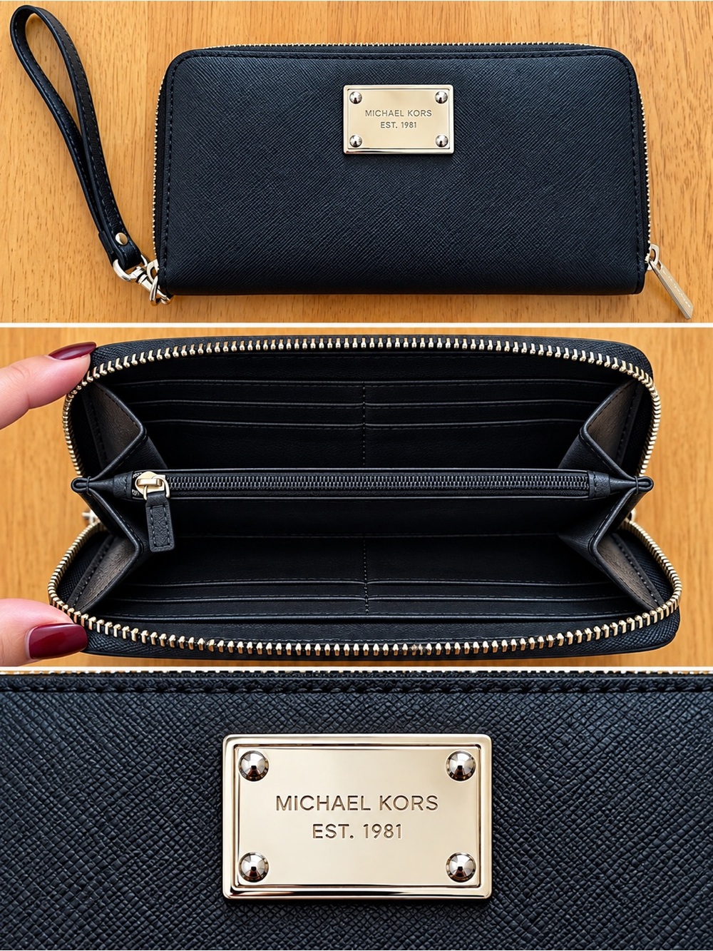 Michael Kors Black Zip-Around Wristlet Wallet with Gold Plaque